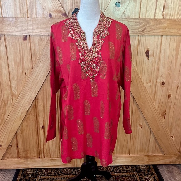 Denim 24/7 Red and Gold Ladies Embellished Long Sleeve Tunic - Picture 1 of 11